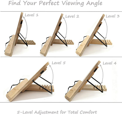 Cookbook Stand for Kitchen Counter, 5-Level Adjustable Elegant Bamboo Recipe Book Holder, All-in-One Design Locks Flat for Easy Storage, Holds 1 inch Thick Books for Cooking, Working, and Studying