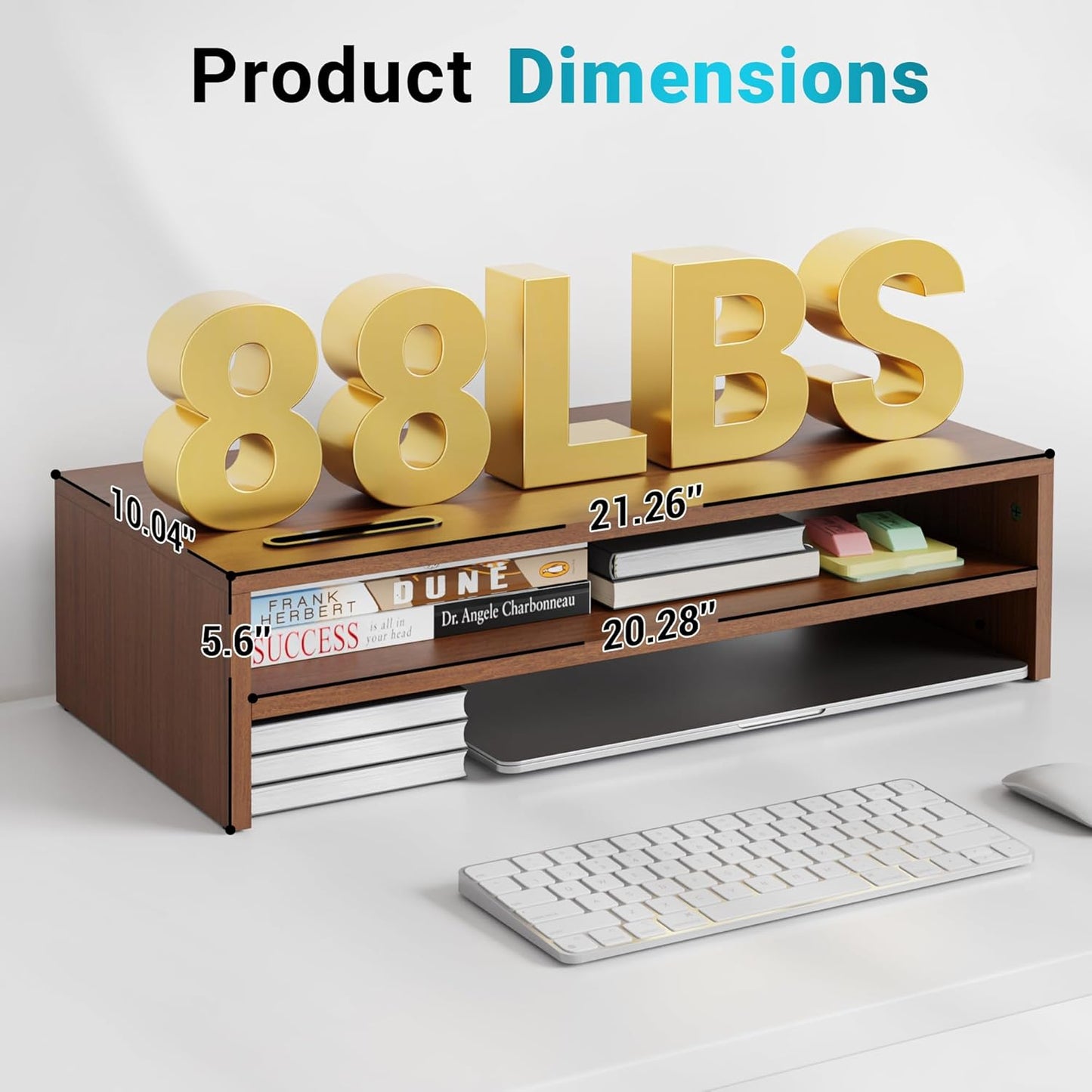 BONTEC Wooden Monitor Stand Riser, 2-Tier Desk Shelf with Storage Organizer, Ergonomic Computer Stand with Cable Management, Cellphone Holder, White, 16.5 Inch