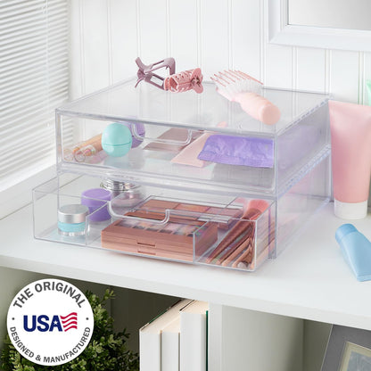 STORi STAX Plastic Stackable Organizer Drawers (Set of 2) Clear | 12.5" Wide | Set Includes Two Open Drawer | Organize Office Desk Accessories & Sort Paper | Made in USA