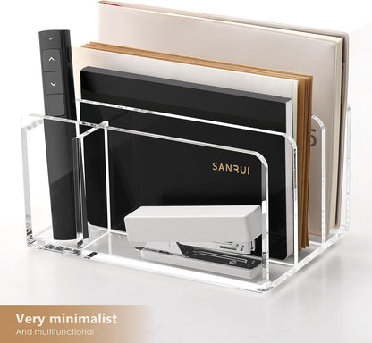 SANRUI 5 Compartments Acrylic Mail Sorter Holder, Clear Document Magazine Envelope File Rack, Vertical Letter Sorter & Multifunction Desk Organizer for Bills, Documents, Notebooks