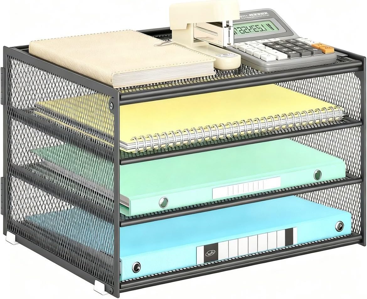 Lavatino 3-Tier Letter Tray Desk Paper Organizer – Black Mesh Metal File Tray Organizer for Desk, Office Supplies & Home Organization | Fits A4/Letter Paper, Mail, Magazines and Office Accessories
