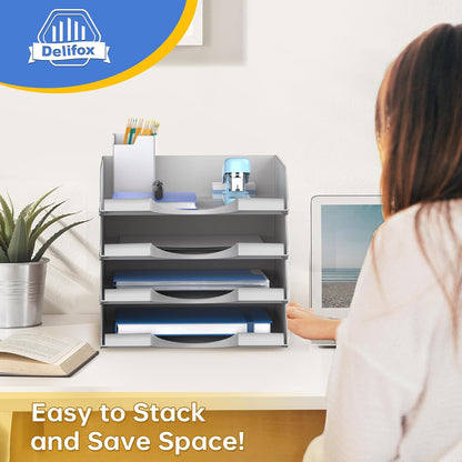 4 Pack Stackable Paper Trays for Letter Documents, Desktop File Organizers for Office Supplies, Stackable Desk Tray Holder for Paper Storage, Black