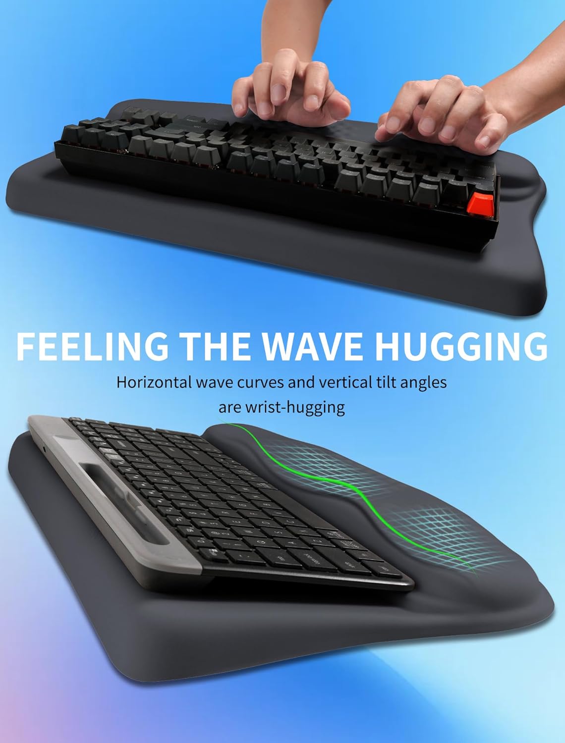 Ergonomic Wave Wrist Rest with Keyboard Stand, Cushioned Palm Rest, Comfortable Integrated Memory Foam for Natural Typing and Relieve Wrist Pain, Dark Night Black