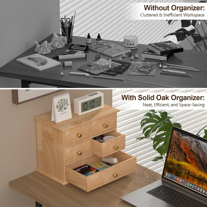 Oak Desk Organizer with Drawers, Durable Wooden Desktop Storage Box with Metal Handles & Non-Slip Silicone Pads, 4 Drawer Tabletop Organizer for Office, Bedroom, Bathroom, Vanity, and Makeup – Walnut