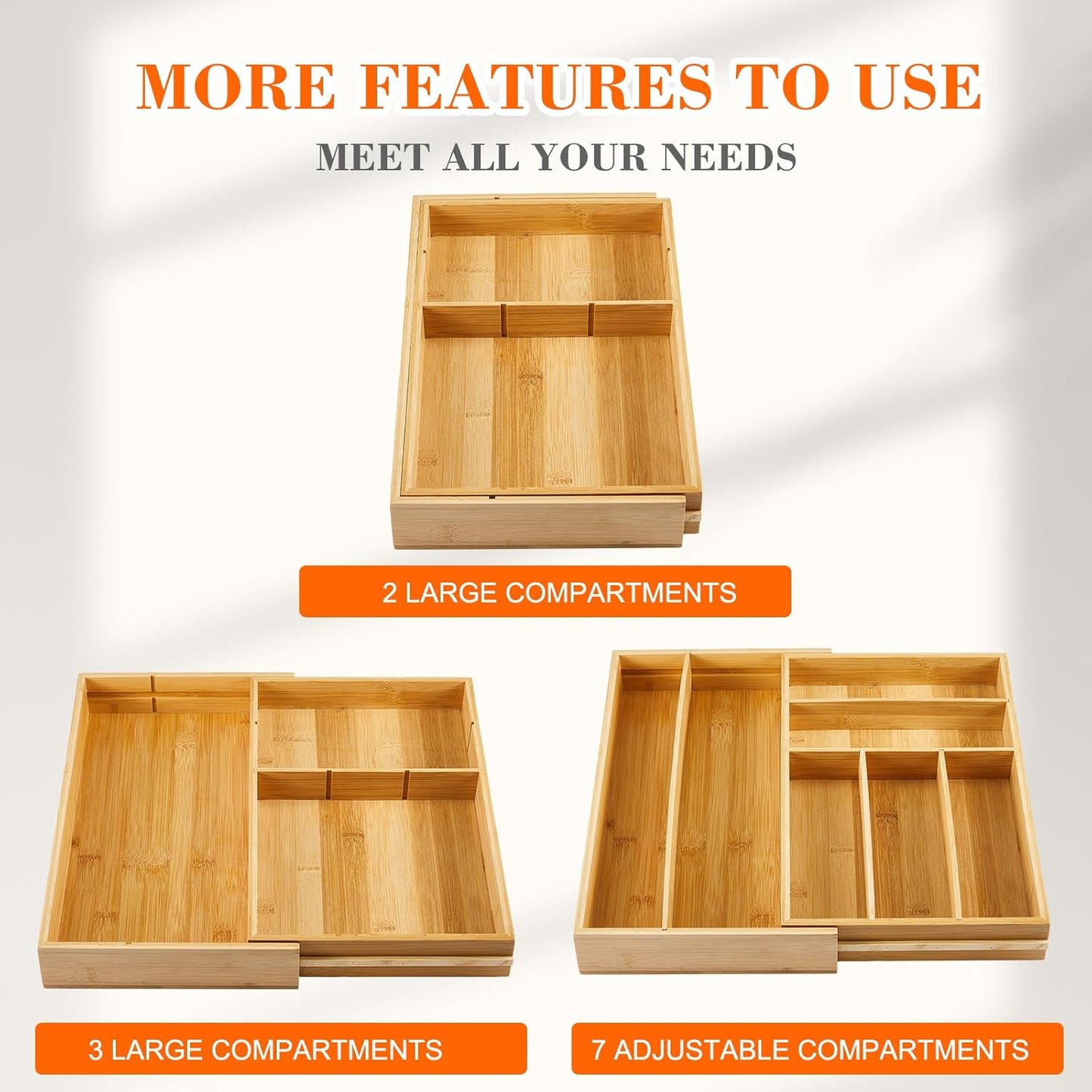 Bamboo Sliding Desk Drawer Organizer 8.2'' up to 16.4'' x 14.4'' x 2.2'' Expandable Office Desk Accessories Supplies Tray with 7 Compartments for Pens, Notebooks, Rulers, and Makeup Jewelry Vanity