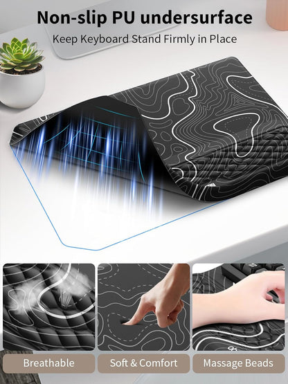 3-in-1 Ergonomic Keyboard Stand with Wrist Rest & Mouse Pad Set, Comfy Keyboard Riser Holder Soft Mousepad with Massage Design, Memory Foam and Non-Slip PU Base for Pain Relief, Black
