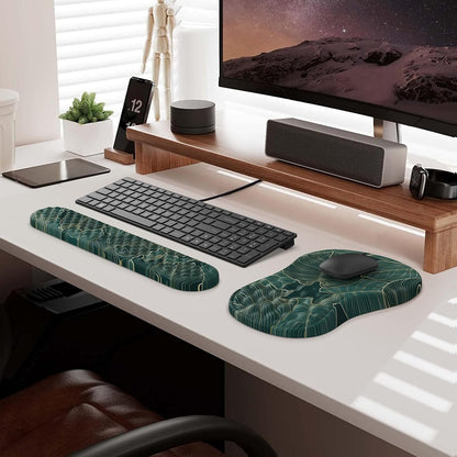 HAOCOO Keyboard Wrist Rest, Ergonomic Mouse Pad with Wrist Rest, 3 in 1 Keyboard and Mouse pad with Coaster Set, Memory Foam Wrist Support, Non-Slip PU Base for Home Office, Rose Gold Pink