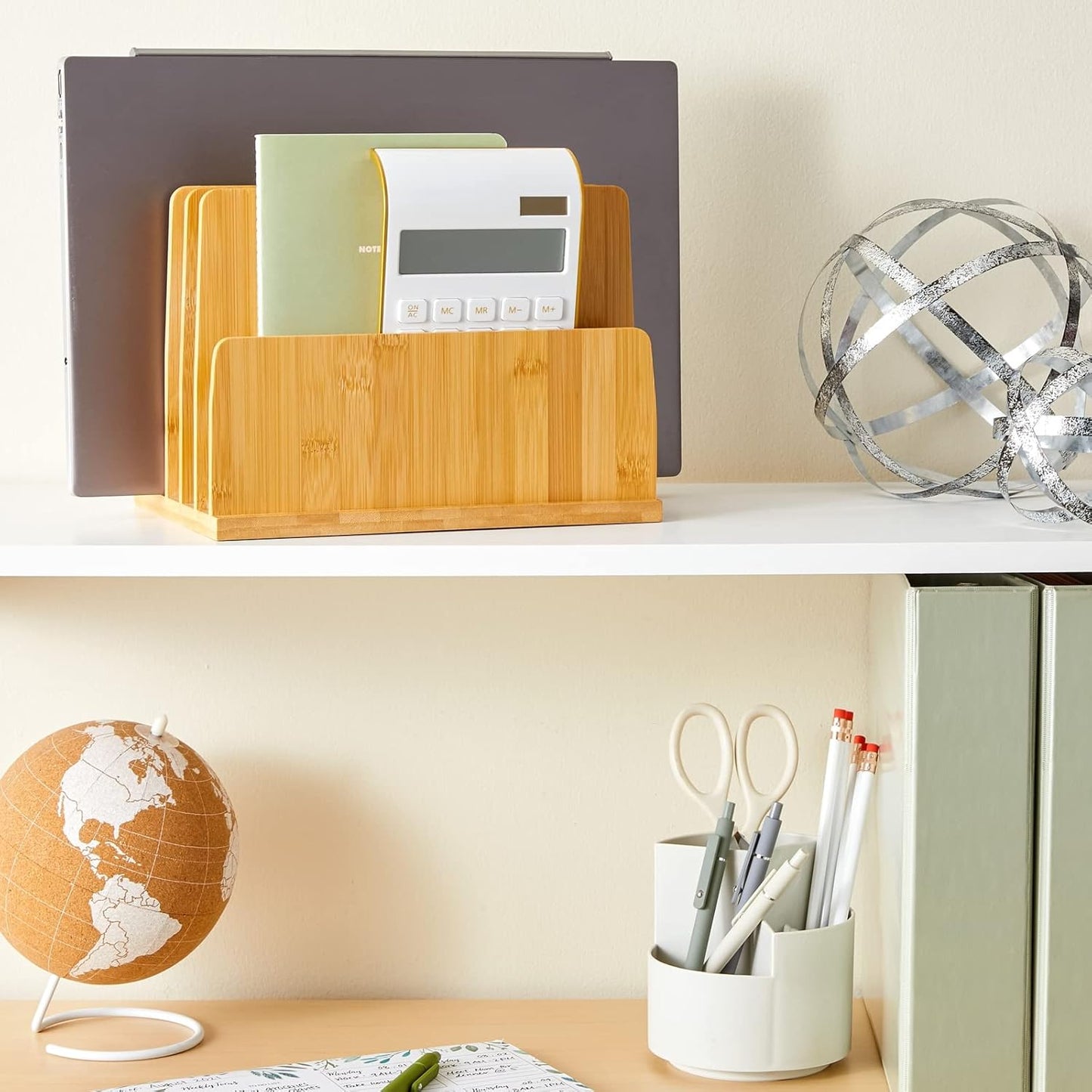 Bamboo Wooden Mail Holder, File Sorter for Letter and Folder Document Storage, Envelope Organizer with 5 Slots for Office Desk, Countertop, Home Organization (10x7 in)