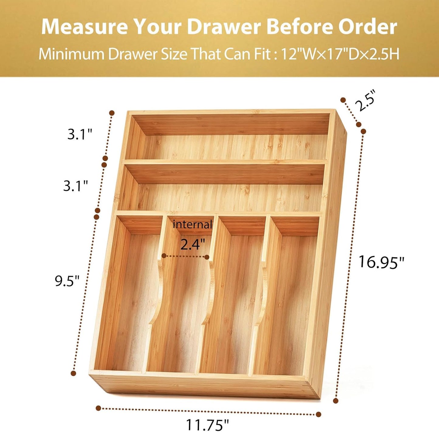 Umilife Bamboo Kitchen Drawer Organizer, 13 Inch Silverware Utensil Tray Holder, Extra Deep Grooved Drawer Divider, 7 Slots Total Bamboo Wood Caddy for Flatware Cutlery Knives, Forks, Spoons