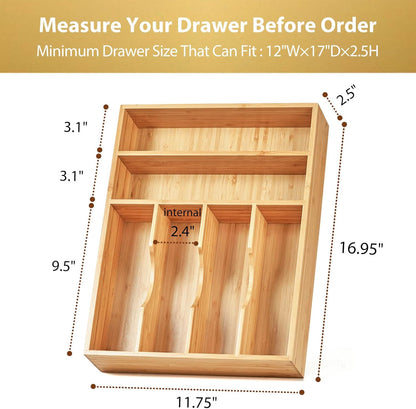 Umilife Bamboo Kitchen Drawer Organizer, 13 Inch Silverware Utensil Tray Holder, Extra Deep Grooved Drawer Divider, 7 Slots Total Bamboo Wood Caddy for Flatware Cutlery Knives, Forks, Spoons