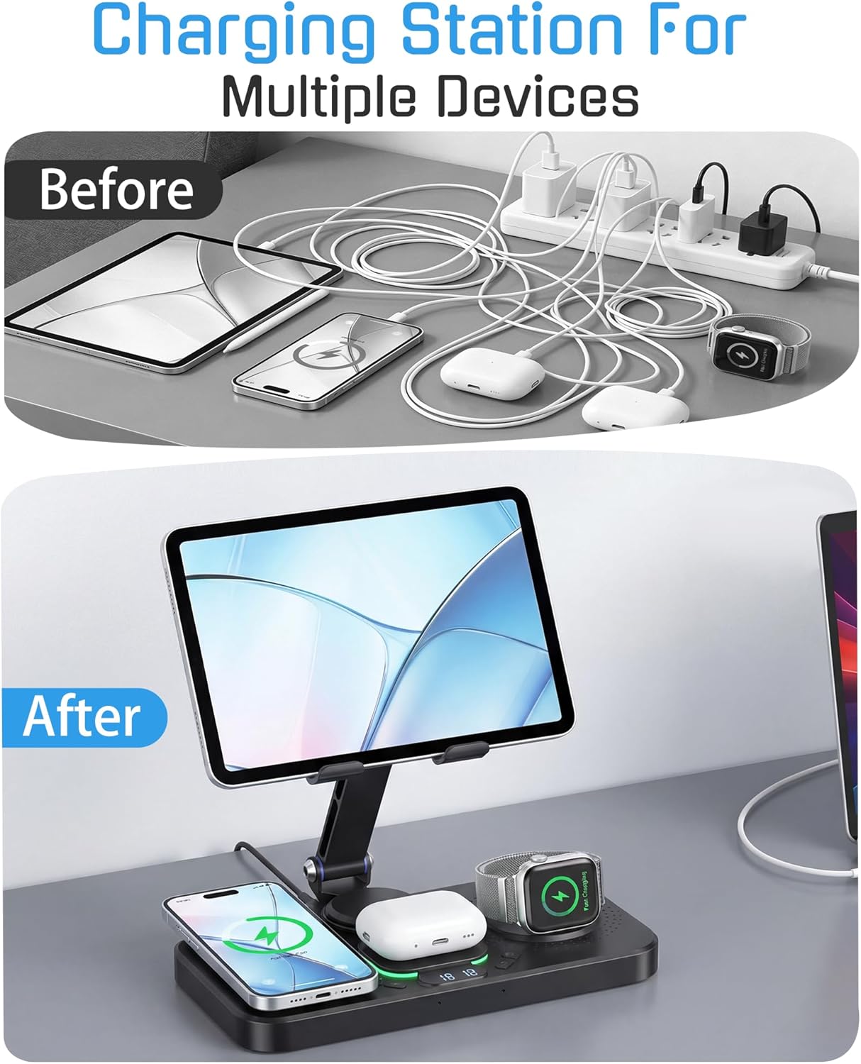 6 in 1 Charging Station for Apple Multiple Devices, Wireless Charging Station with Clock & 7 RGB Light, Foldable Wired Chargers for Multiple Devices for iPhone 17/16/15, iPad, Apple Watch, AirPods