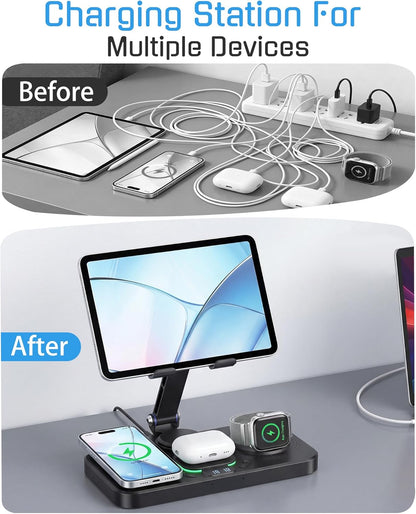 6 in 1 Charging Station for Apple Multiple Devices, Wireless Charging Station with Clock & 7 RGB Light, Foldable Wired Chargers for Multiple Devices for iPhone 17/16/15, iPad, Apple Watch, AirPods