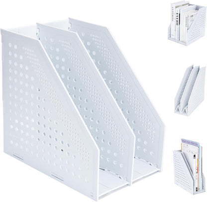 FRETONBA Collapsible Magazine File Holder with 2 Vertical Compartments Foldable Binder Holder for Desk Binder Storage Organizer Plastic Magazine Holders for Shelf, Dark Gray