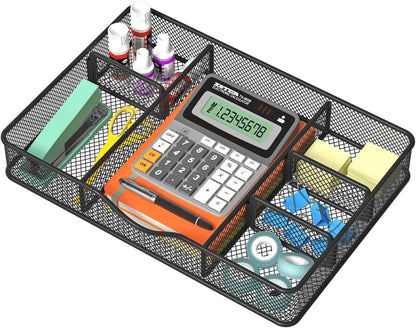 VyGrow Desk Drawer Organizer Tray, Metal Mesh Drawer Organizers Office, 6 Adjustable Compartment, Desk Organizer Tray for Home Office 12.87L x 8.73D x 1.96H inch, Black, 1PC Medium