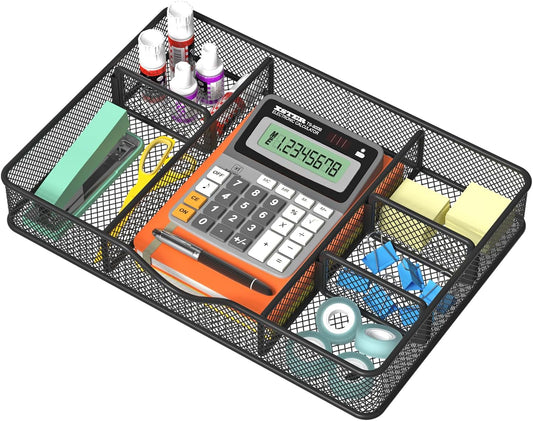 VyGrow Desk Drawer Organizer Tray, Metal Mesh Drawer Organizers Office, 6 Adjustable Compartment, Desk Organizer Tray for Home Office 12.87L x 8.73D x 1.96H inch, Black, 1PC Medium