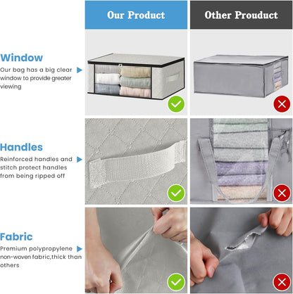 HomeHacks Storage 3-Pack Clothes Organizer Storage Bags Foldable Storage Box with Large Clear Window Sturdy Handles for Closet, Dorm, Pillows, Bedding, Clothes, Blankets, 35L, Gray
