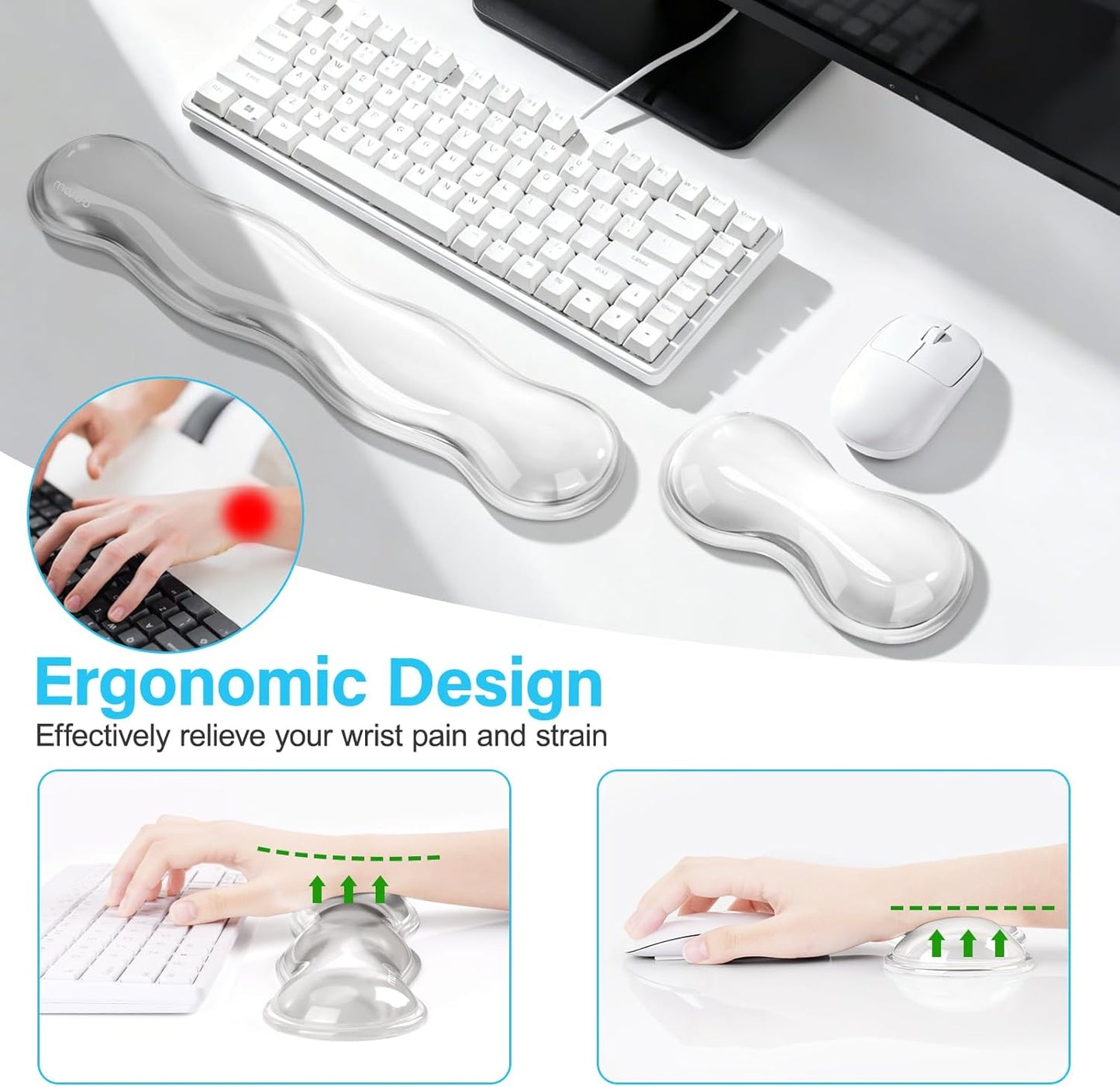 MOSISO Gel Keyboard Wrist Rest&Wrist Support for Mouse, Ergonomic Wrist Pad Soft Cooling Gel Pain Relief Easy Typing Pad Non-Slip Computer Laptop Wave Shaped Home/Office Wrist Cushion, Transparent