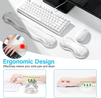 MOSISO Gel Keyboard Wrist Rest&Wrist Support for Mouse, Ergonomic Wrist Pad Soft Cooling Gel Pain Relief Easy Typing Pad Non-Slip Computer Laptop Wave Shaped Home/Office Wrist Cushion, Transparent
