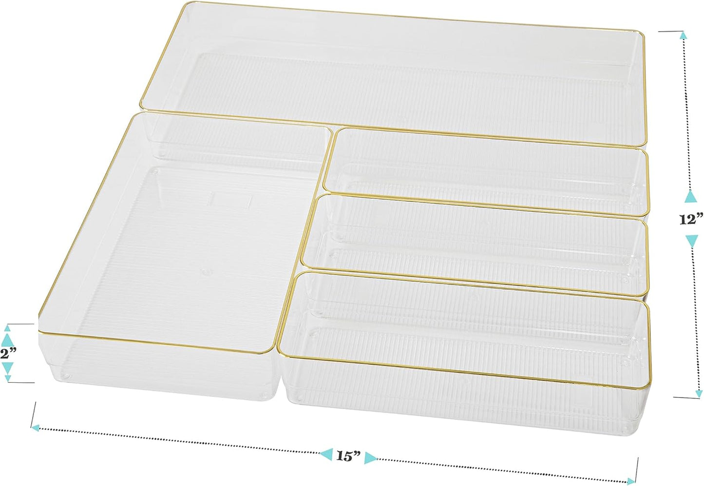Martha Stewart Kerry Plastic Stackable Office Desk Drawer Organizers, Set of 8, with Gold Trim