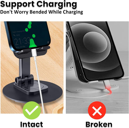 Cell Phone Stand, Adjustable Phone Holder 360° Rotation Fully Foldable Desktop Dock Compatible with iPhone 16 15 14 13 Pro Max Android Smartphone E-Reader Tablets (Black)