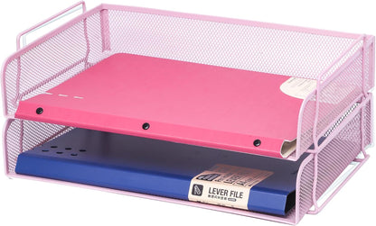 EASEPRES 2 Pack Stackable Desk Paper Tray, Metal Mesh Desktop Document Letter File Organizer for Office Home School, 13.5'' L x 9.75'' W x 5.5'' H, White