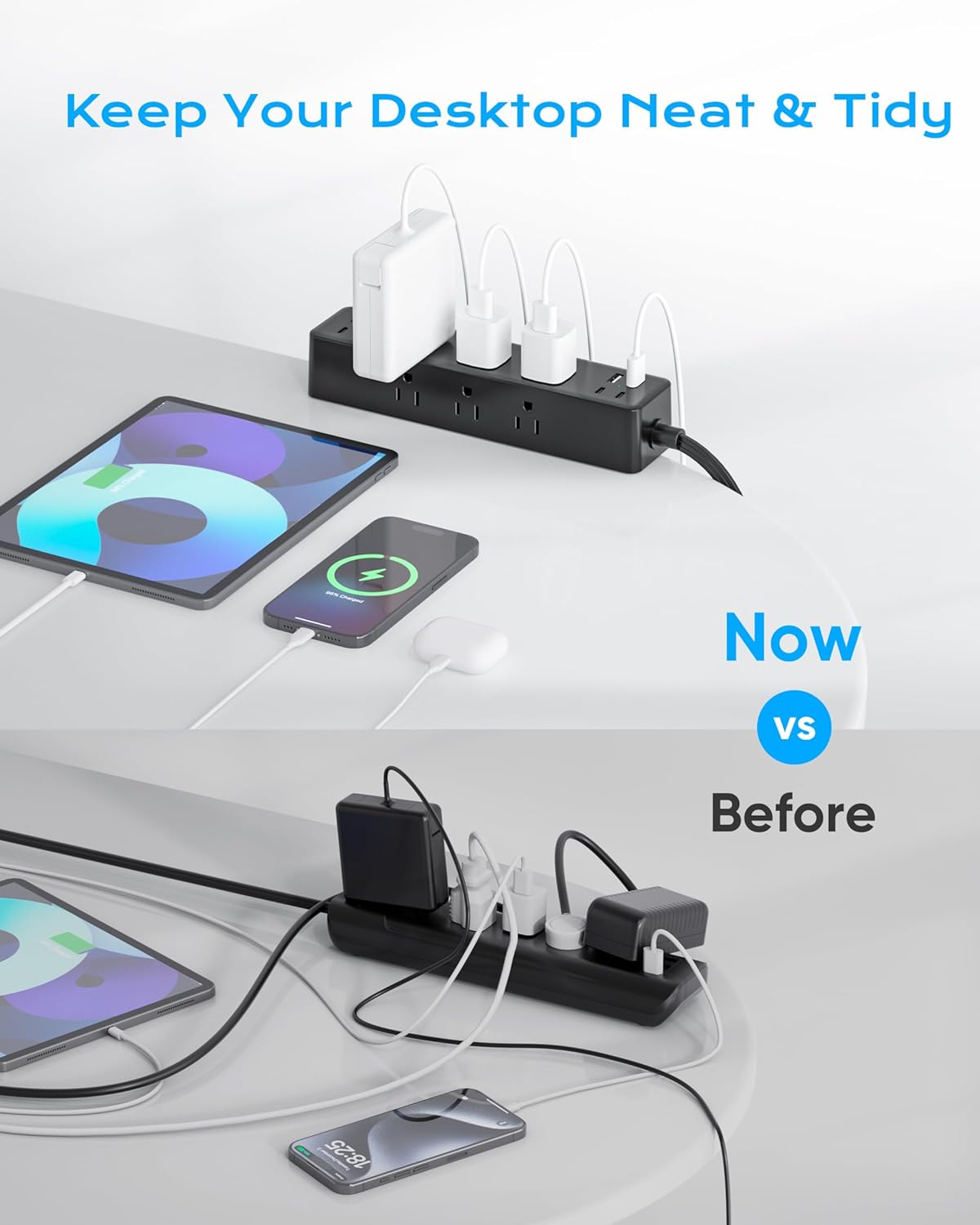 Flat Plug Desk Clamp Power Strip 10FT, 40W Total Fast Charging Station, Dual PD 20W USB C Ports, Desk Edge Mount Power Strip 9 AC Outlets 8 USB Ports(4 USB C) Surge Protector, Fit 1.7" Tabletop Edge