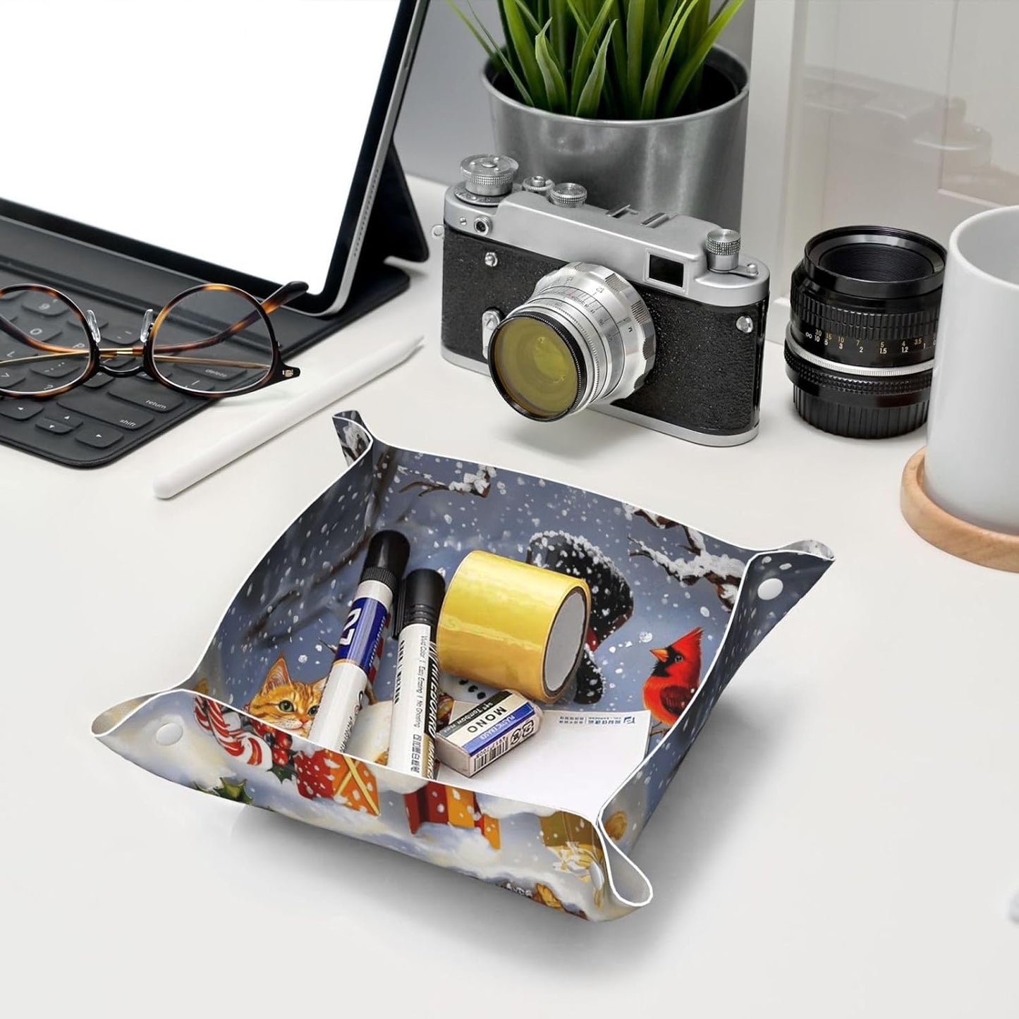 Tray Leather Valet Tray Forest Tree Reindeer Catchall Trays Key Organizer Night Stand Organizer Bedside Vanity Trays Decor for Entryway Table