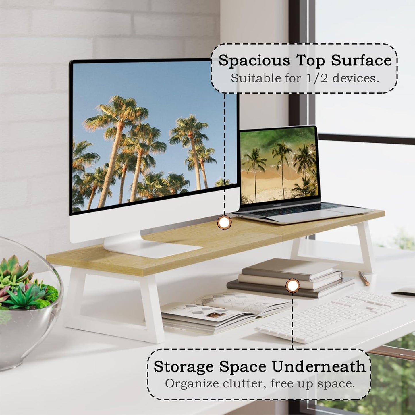 TEAMIX 31.5 inch Dual Monitor Riser for 2 Monitors, Long Monitor Stand Riser TV Stand Riser Monitor Stand for Desk Wood & Steel Desktop Riser Desk Organization Home Office