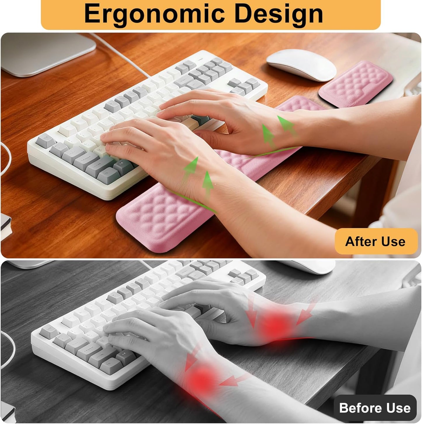Keyboard Wrist Rest Mouse Wrist Support, Memory Foam Wrist Rest Pad for Computer Laptop, Ergonomic Wrist Cushion Support for Typing Pain Relief, Gaming Home Office, Pink
