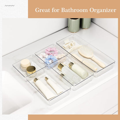 12 Pack Large Clear Plastic Drawer Organizer Set, Acrylic Bathroom Organizer Vanity Trays Dividers, Kitchen Organizers and Storage, Non-Slip Storage Bins for Makeup, Snacks, Office, Desk, Fridge