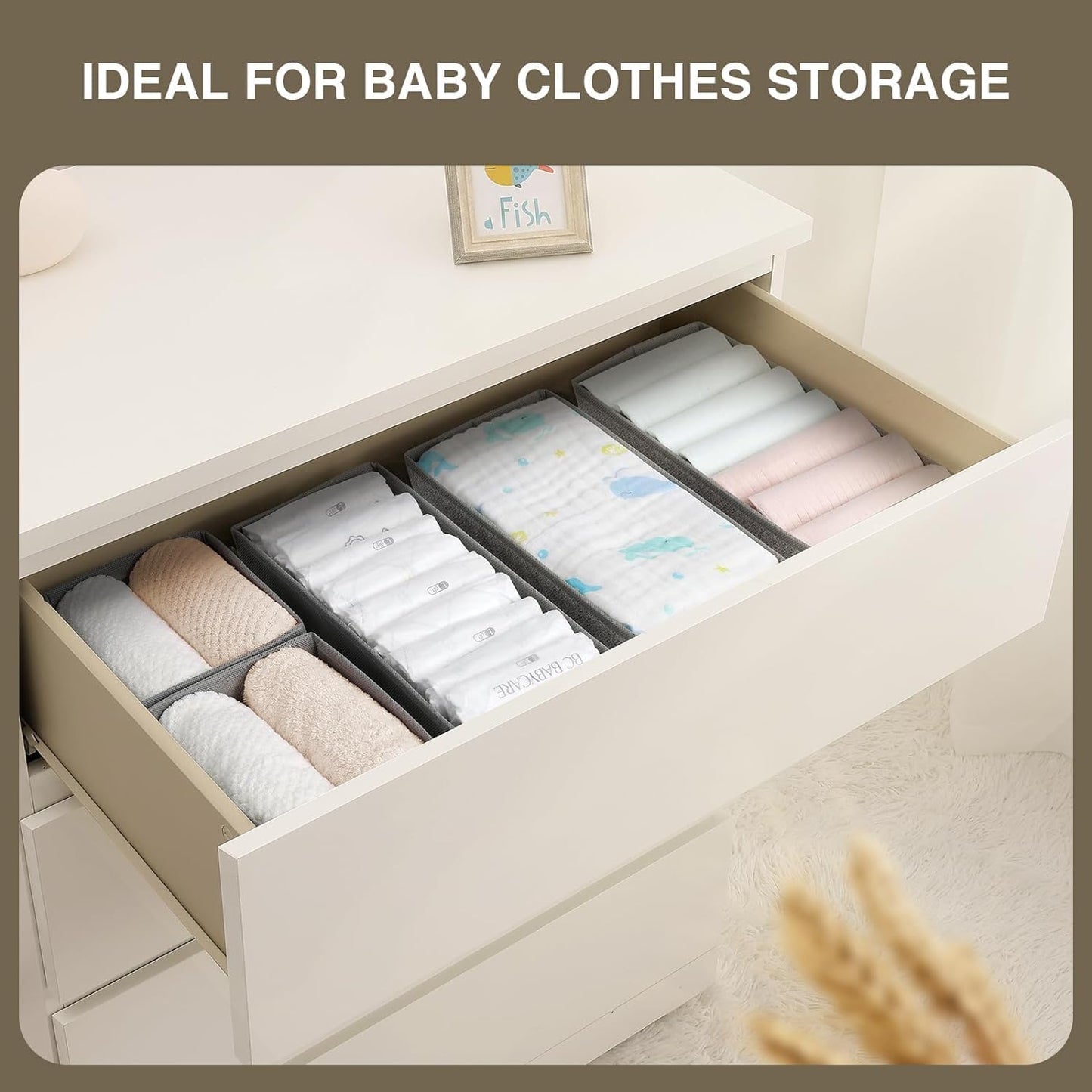 DIMJ Drawer Organizers Clothes, Dresser Organizer Bins for Baby Clothes,Underwear and Sock, Fabric Closet Organization and Storage Boxs, Drawer Dividers for Nursery, Clothing, Tie - 4 Pack, Beige