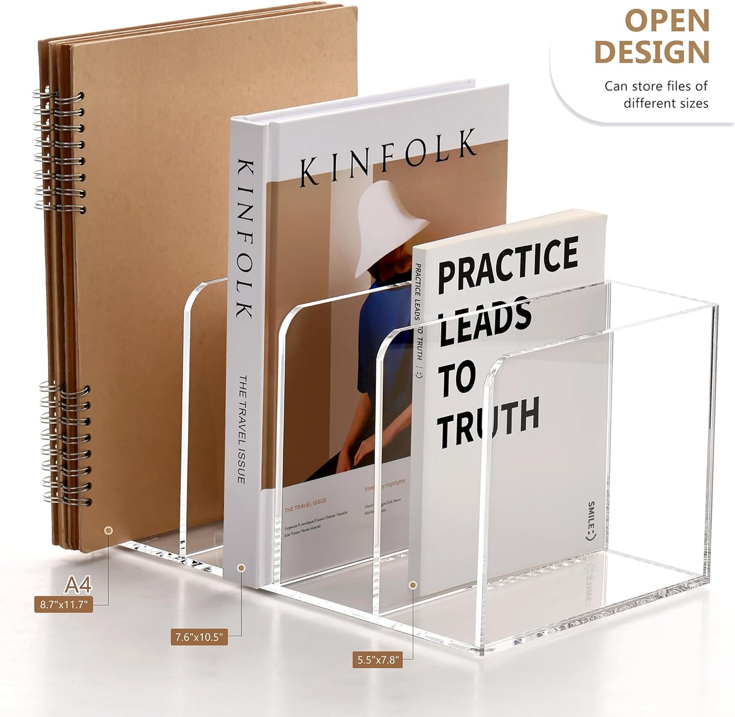 SANRUI Acrylic Desk Magazine File Holder, Clear Desk Organizer with 4 Vertical Compartments, Workspace Document Sorter for Documents, Tablet, Magazines, Books & Accessories