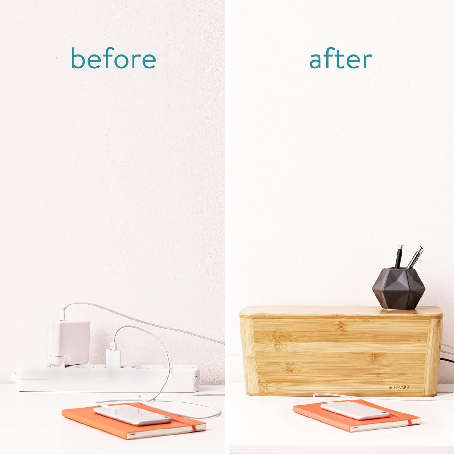 Navaris Cable Tidy Box - Bamboo Cable Storage Box Organizer for Wires, Cables, Extension Sockets, Chargers and Power Plug Cords - 15.5" x 6.3" x 6.3"
