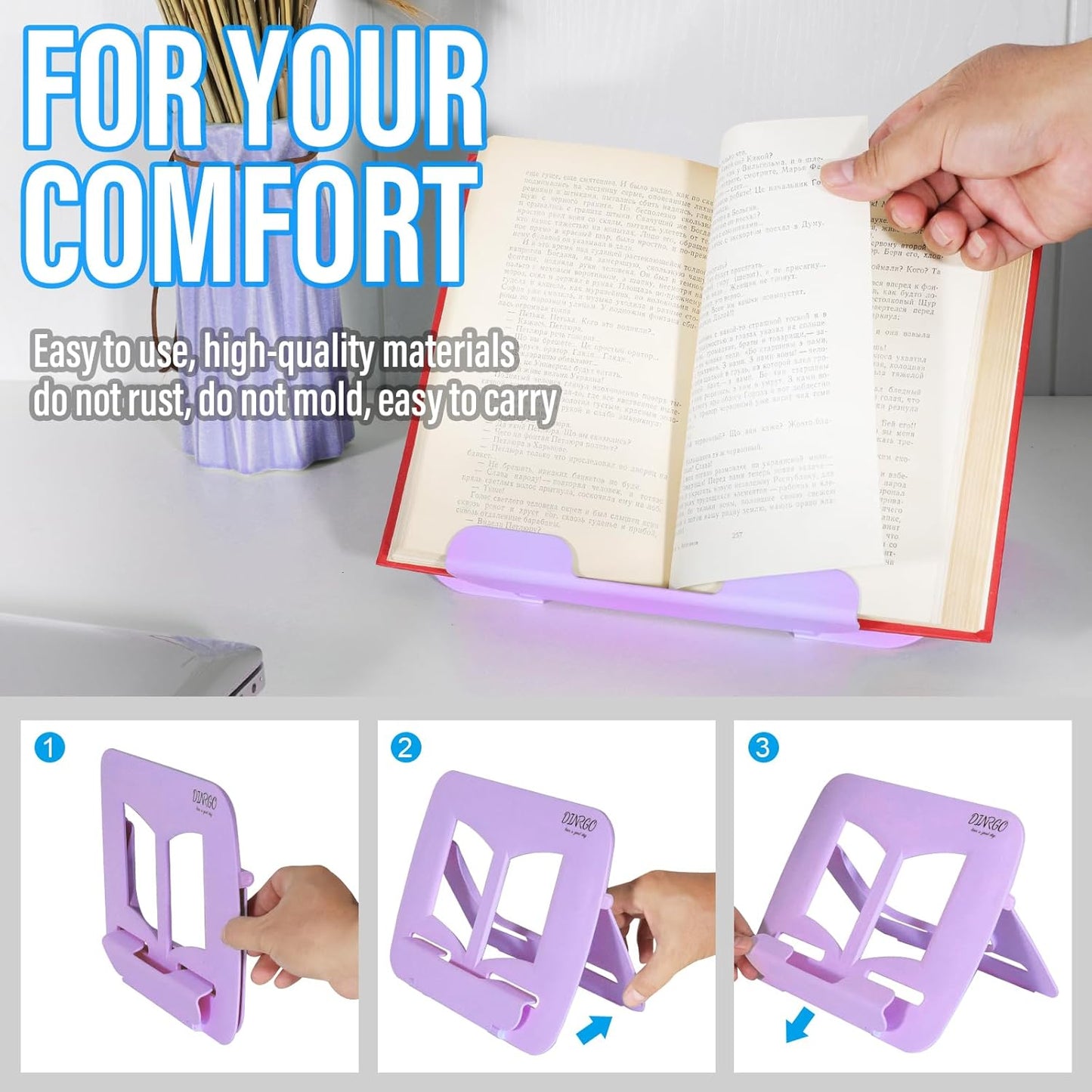 Portable Book Stand Book Holder Book Rest for Kids Reading Hands Free Cookbook Holder Textbook Stands Music Stand Lightweight Waterproof Book Stand Gifts School Supplies (Purple 11.82" *8.26")