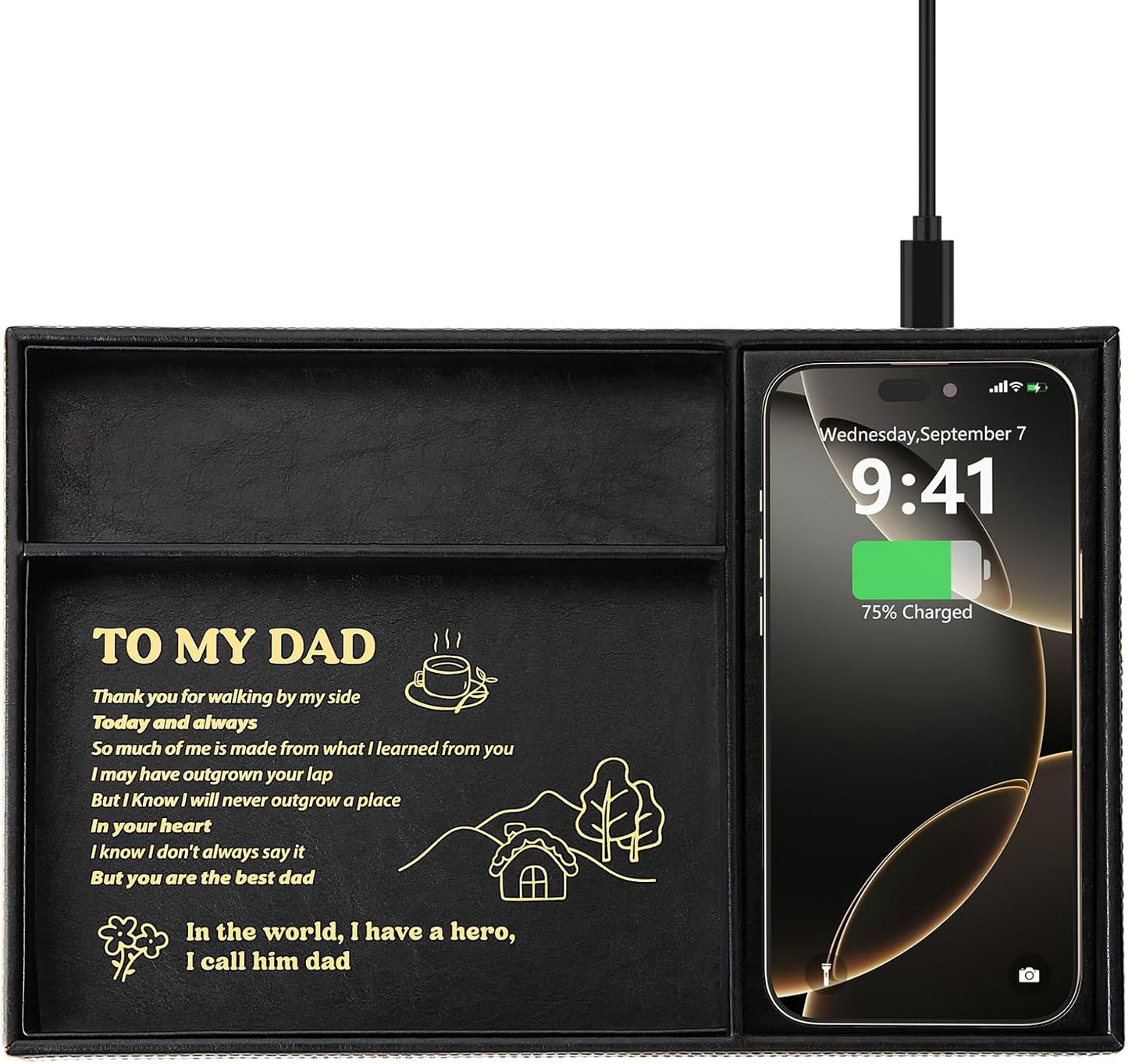 TopMade Wireless Charger Valet Tray, Father's Day Birthday Gifts for Dad, PU Leather Mens Jewelry Box for Iphone Charger, Desk Nightstand Organizer Charging Station Drawer Dresser Organizer(Brown)