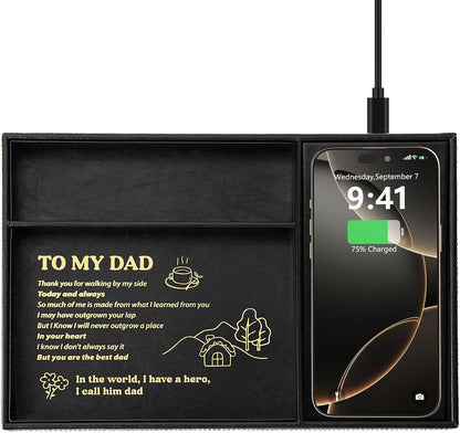 TopMade Wireless Charger Valet Tray, Father's Day Birthday Gifts for Dad, PU Leather Mens Jewelry Box for Iphone Charger, Desk Nightstand Organizer Charging Station Drawer Dresser Organizer(Brown)