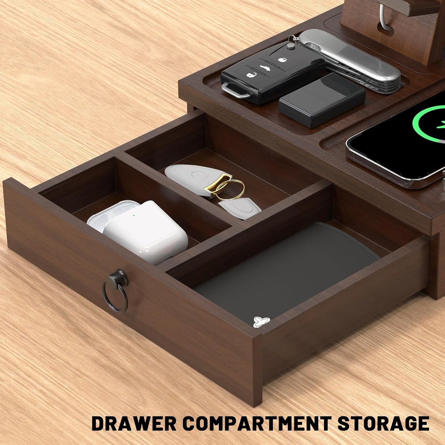 Wood Phone Docking Station with USB Ports and Outlets, Nightstand Organizer with Charging Station, Bedside Organizer with Drawer for Watch & Accessories, Christmas Anniversary Birthday Gifts for Men