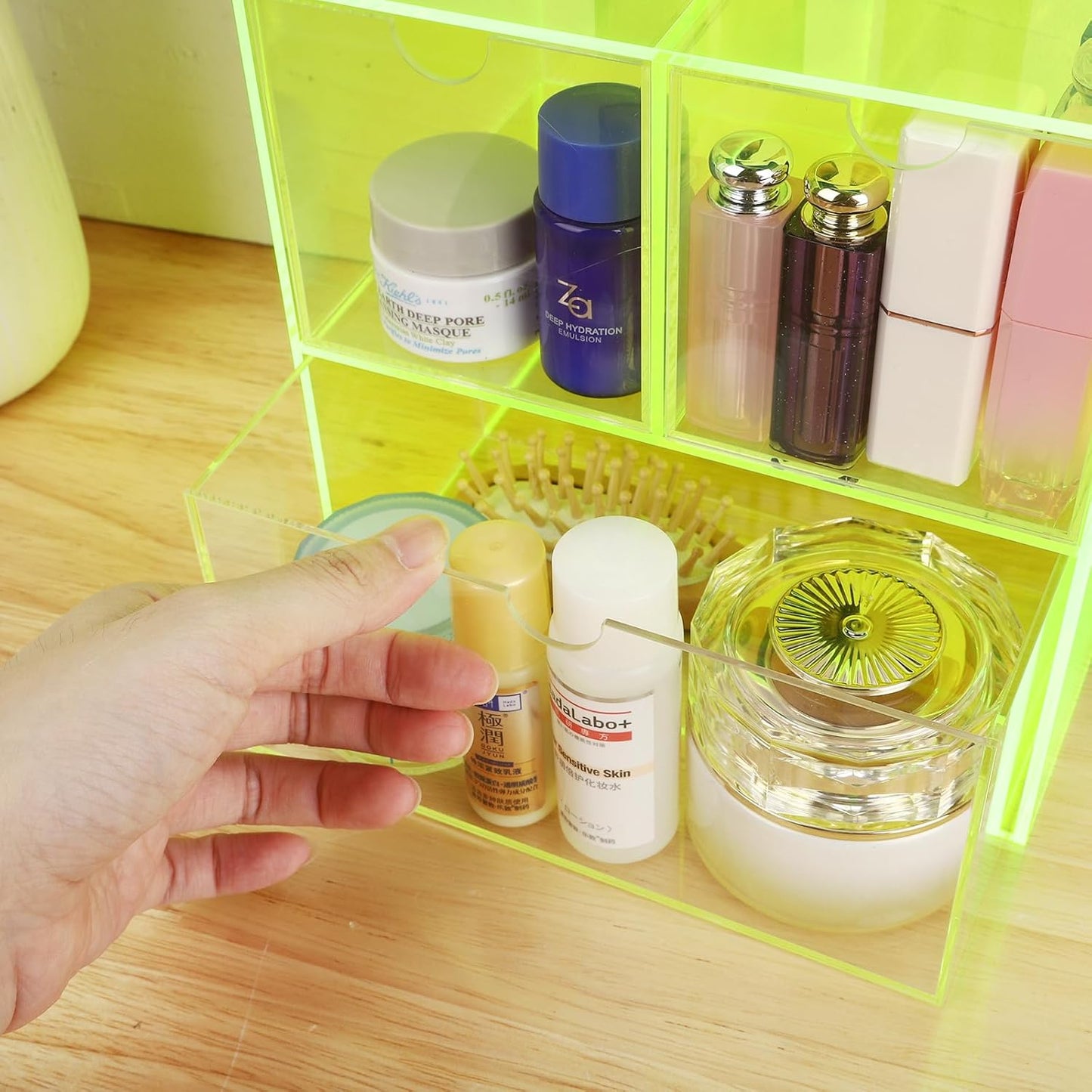Gelite Desk Organizer with 3 Storage Drawers for Makeup Office Acrylic Desktop Drawer Organizer for Vanity Office Organization and Storage Box, Neon Pink