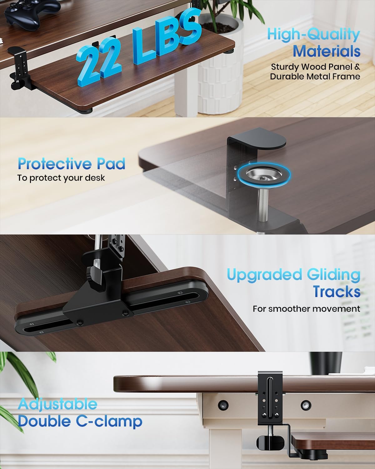Large Keyboard Tray Under Desk, Pull Out Keyboard & Mouse Tray with Adjustable C-clamp, 25.6(31.5 Including Clamps) x 11.8 Inch Slide Out Computer Keyboard Drawer Mouse Tray for Typing, Brown