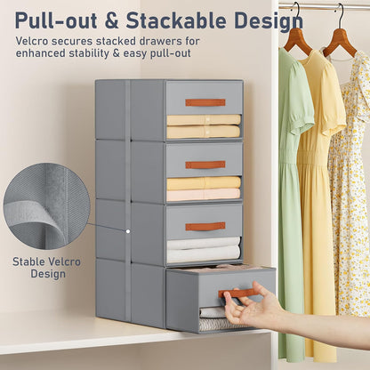 DIMJ Closet Organizers and Storage - Fabric Bins with Drawers for Closet Foldable Clothes Organizers with Clear Window, Stackable Storage Drawers Units for Bedroom, Living Room, 4-Pack, Grey