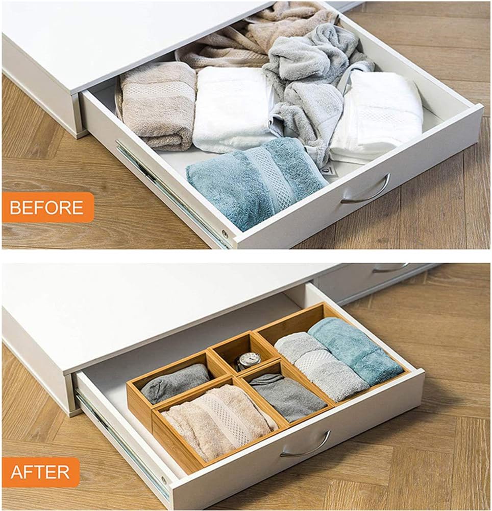 Lawei Set of 5 Bamboo Drawer Organizer Boxes, Desk Storage Box Kit, Drawer Storage Containers Tray Bins for Office, Kitchen, Bedroom, Children Room, Craft, Sewing