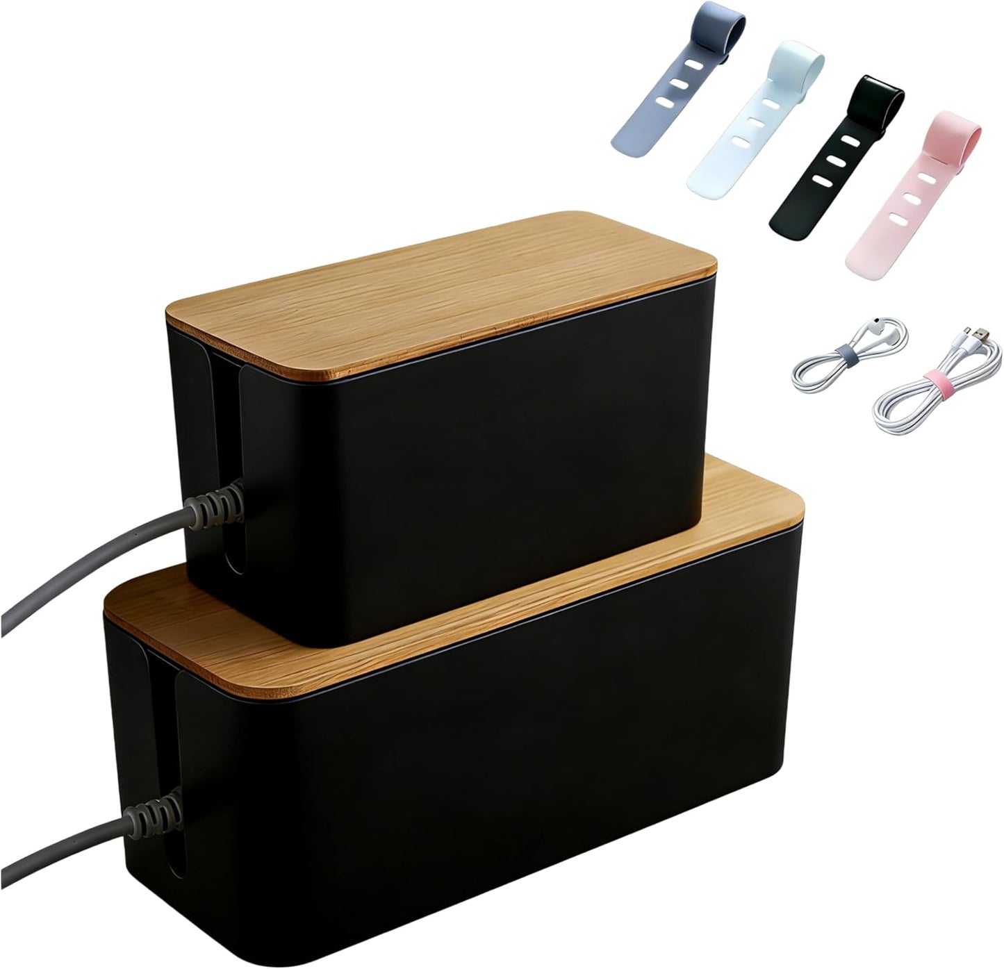 1Large+1Small Cable Organizer Set with 4 Silicone Cable Ties, 2-Piece Cable Management Box, Bamboo Lid Cord Organizer for Home Office,Set of Two Cable Box,Cable Organizer Box(Bamboo lid/White)
