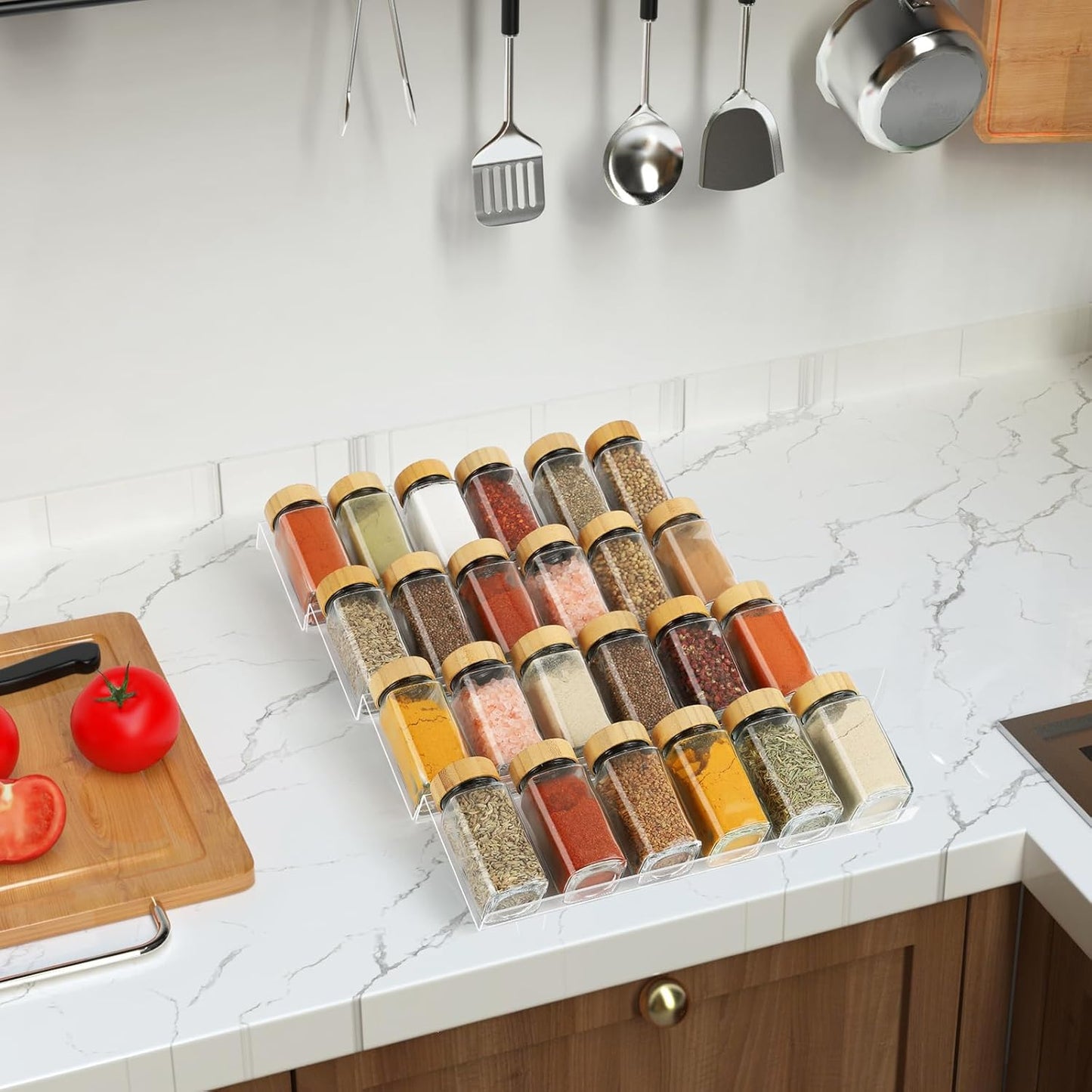 Suneerplay Spice Drawer Organizer 4 Tier, Acrylic Seasoning Organizer Rack, Clear Spice Rack Tray, Kitchen Seasoning Jars Drawers Insert (Jars Not Included/Expandable From 9" to 18")