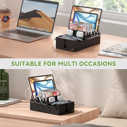 Pezin & Hulin Multi Charger Station Organizer Rack, Bamboo Cable Management Box, Power Strips and Cord Hider, Nightstand Device Organizer (Include 6 Cables)(No Power Charging Supply) -White