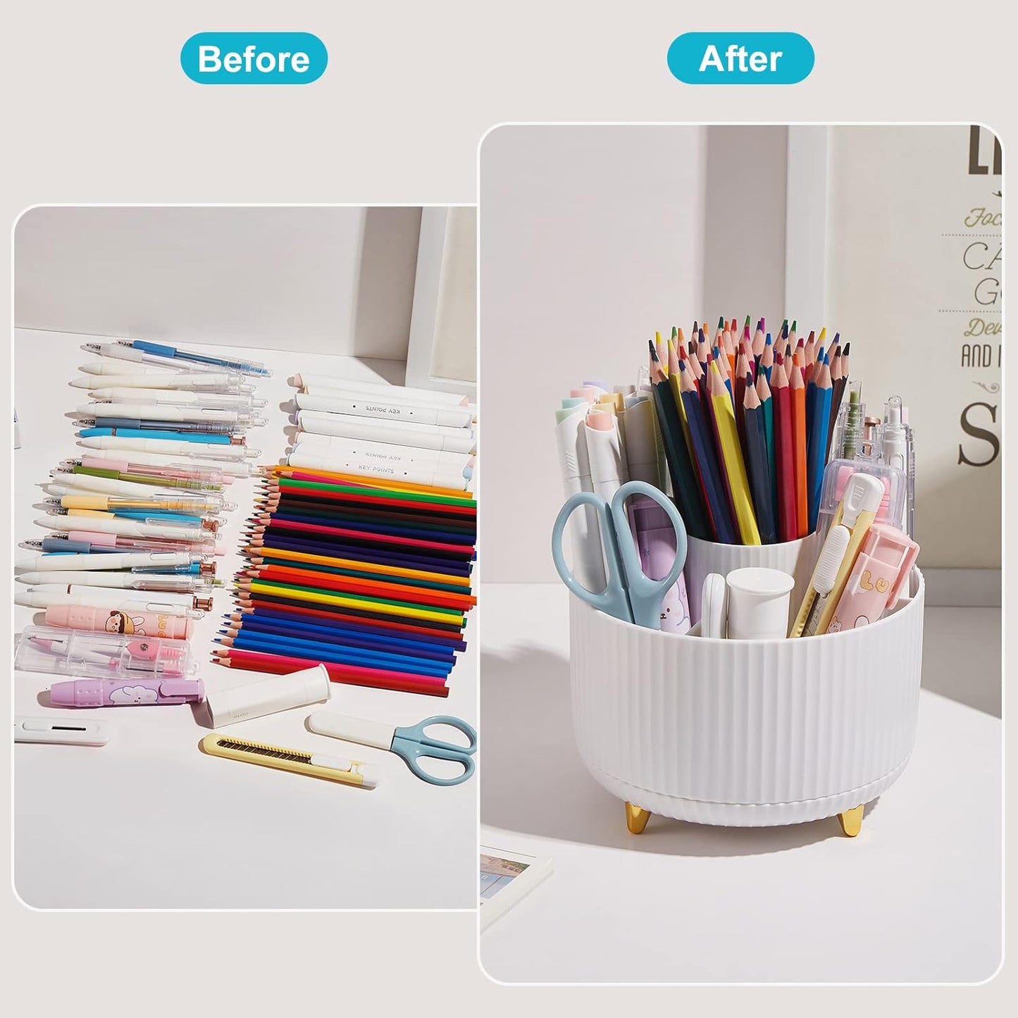 Desk Pencil Pen Holder, 5 Slots 360 Degree Rotating Pencil Pen Organizers for Desk Desktop Storage Stationery Supplies Organizer Cute Pen Cup for Office School Home Art Supply Cream Yellow