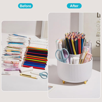 Desk Pencil Pen Holder, 5 Slots 360 Degree Rotating Pencil Pen Organizers for Desk Desktop Storage Stationery Supplies Organizer Cute Pen Cup for Office School Home Art Supply Cream Yellow