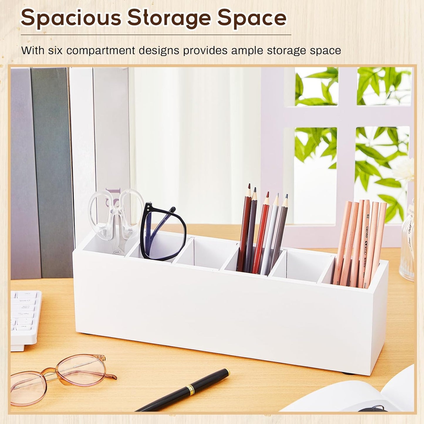 Jetec Wooden Pencil Holder 5 Compartments for Desk Adjustable Pen Holder Wood Office Desk Organizers and Accessories Makeup Brush Organizer for Pen, Home, Office and Art Supplies (White)