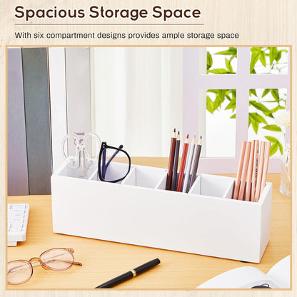 Jetec Wooden Pencil Holder 5 Compartments for Desk Adjustable Pen Holder Wood Office Desk Organizers and Accessories Makeup Brush Organizer for Pen, Home, Office and Art Supplies (White)