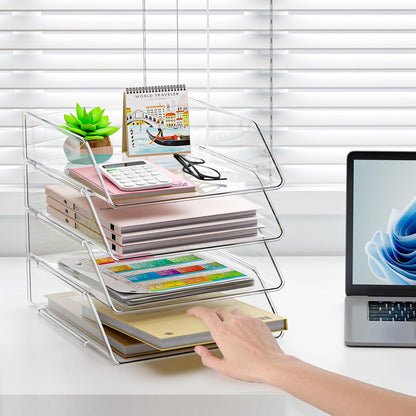 YKLSLH 4 Trays Paper Organizer Letter Tray - Acrylic Desk File Organizer, Stackable Clear Paper Holder Sorter Office Organizer for Letter/A4, Office File Ipad Books Notes Etc