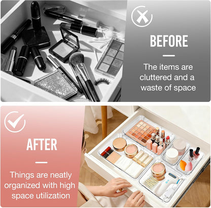 Yummy Sam 16PCS Expandable Drawer Organizers, 2-Size Clear Acrylic Storage Box, Expanding & Adjustable Drawer Organizer for Makeup, Vanity, Bathroom, Kitchen, Office